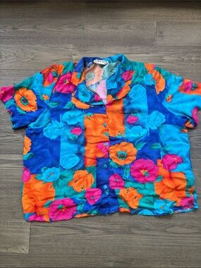 Lorenzo | Tropical Floral Button-Up Shirt - Blue, Orange & Pink Size XL